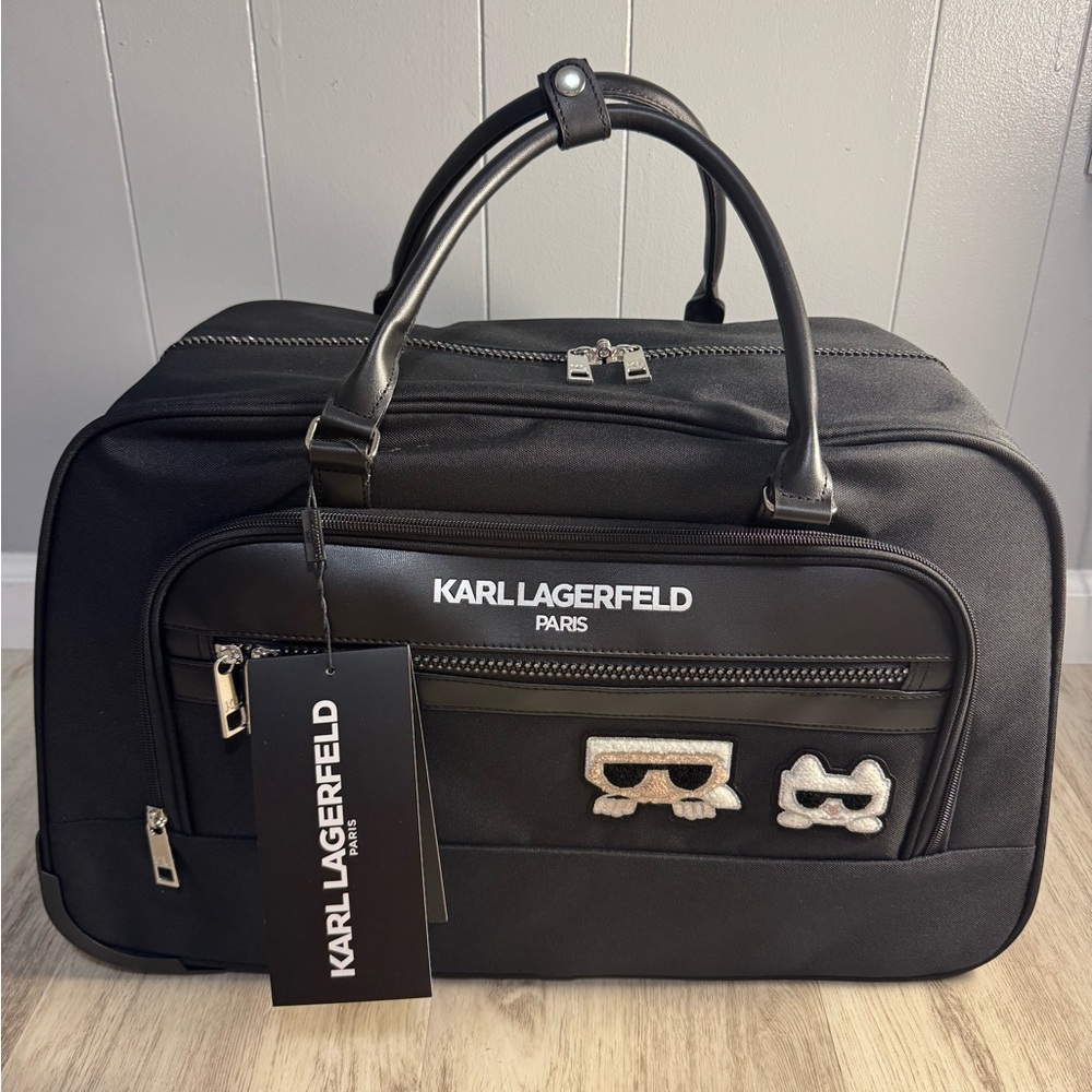 Karl Lagerfeld Black Duffel Bag with Iconic Patches
